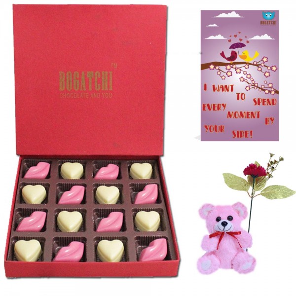 BOGATCHI Chocolate Hearts and Kisses Valentine Gifts for Girlfriend- Boyfriend- Wife - Husband, 16pcs + Free Valentines Day Card with Rose and Teddy
